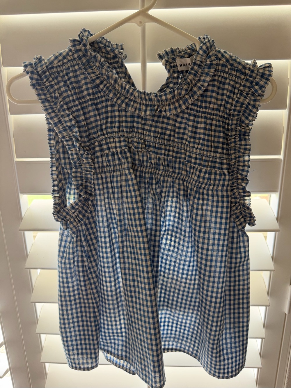 Adore Blue Gingham Ruffle Sleeve Women's Top